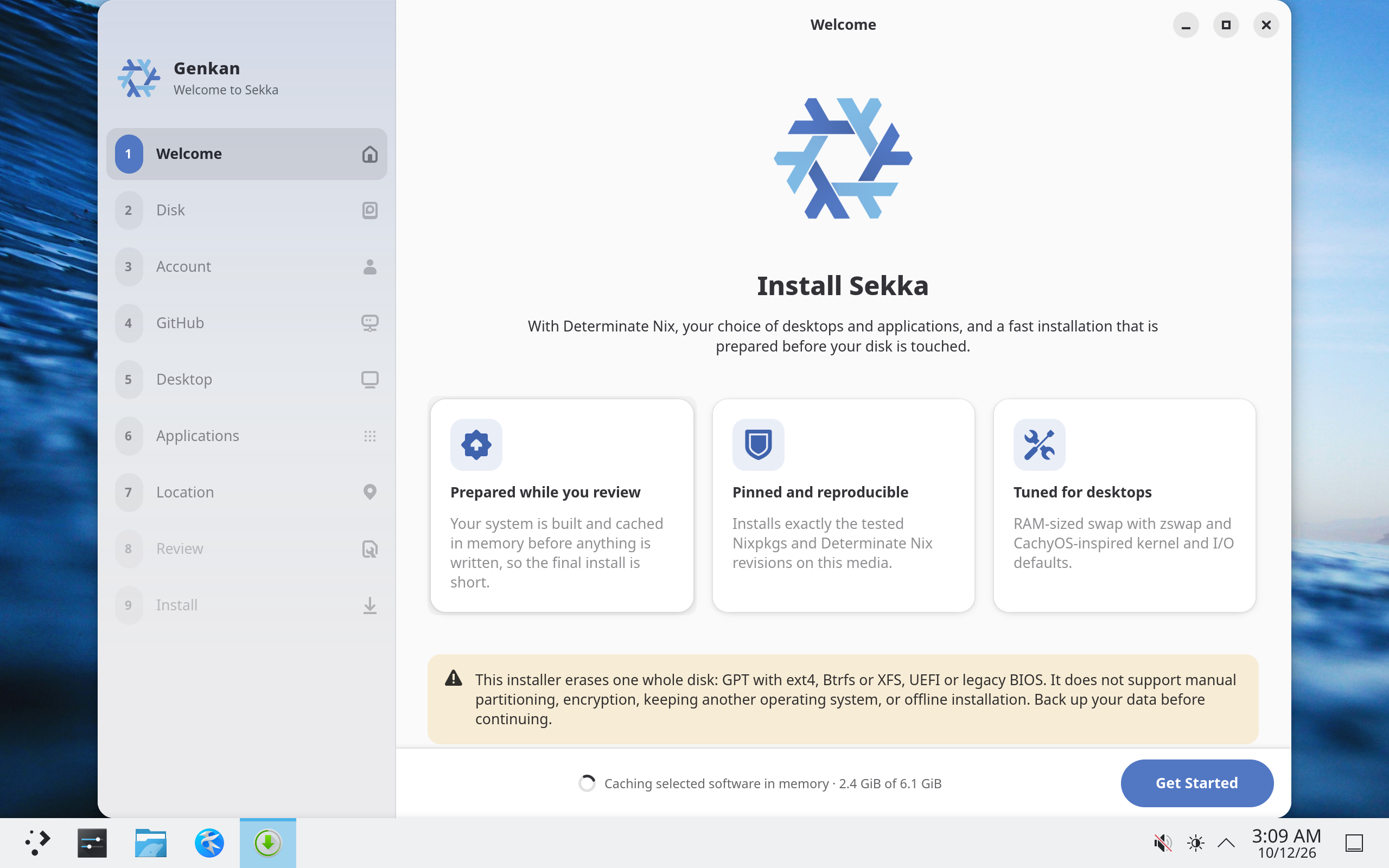 Genkan's welcome page: nine steps down the side, from Welcome to Install, and a warning that the installer erases one whole disk.