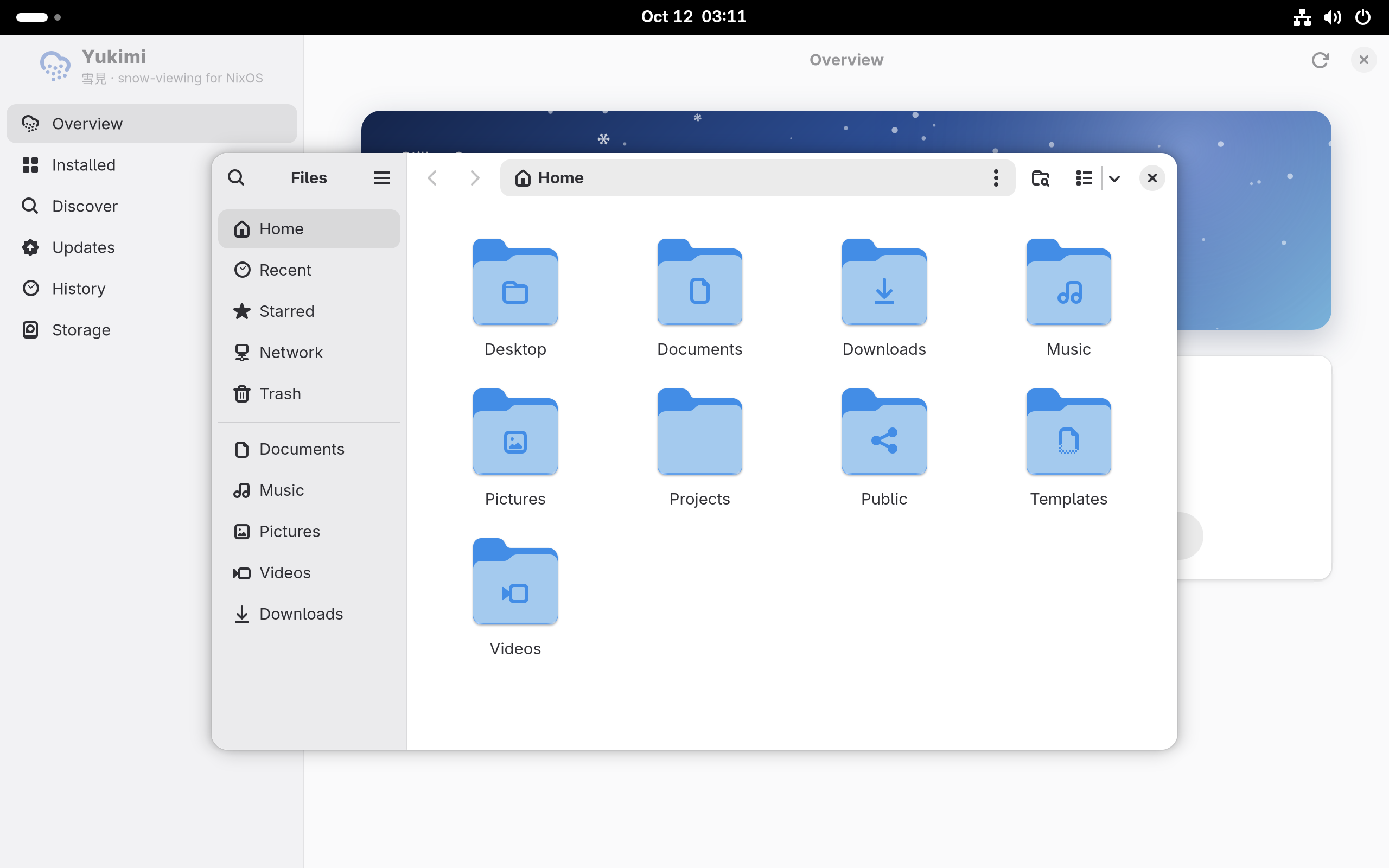 Sekka's GNOME session with Files open over Yukimi.
