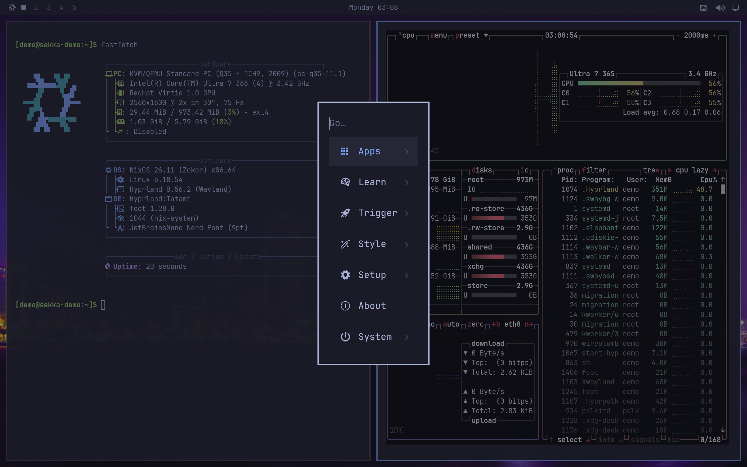 Tatami's menu open over two terminals: Apps, Learn, Trigger, Style, Setup, About and System.