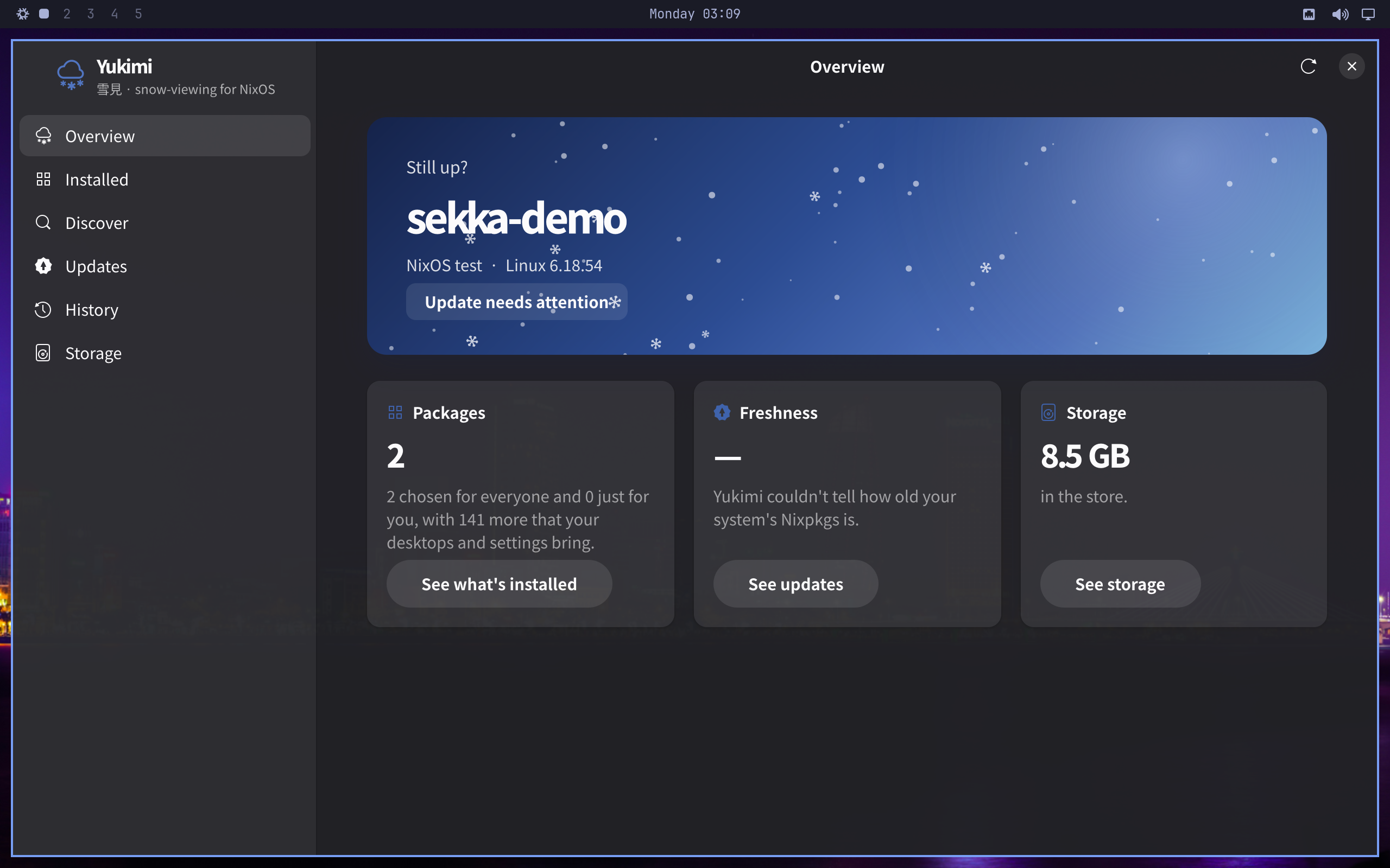 Yukimi's overview of a test machine named sekka-demo in Tatami's dark theme: package count, freshness and store size.